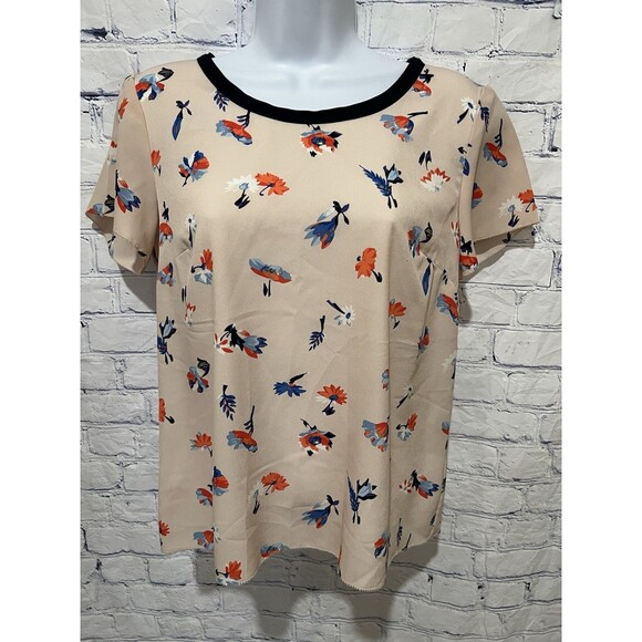 Talbots Floral Print Short Sleeve Blouse Flower Pullover Zipper Top 4 Petite - Picture 1 of 6